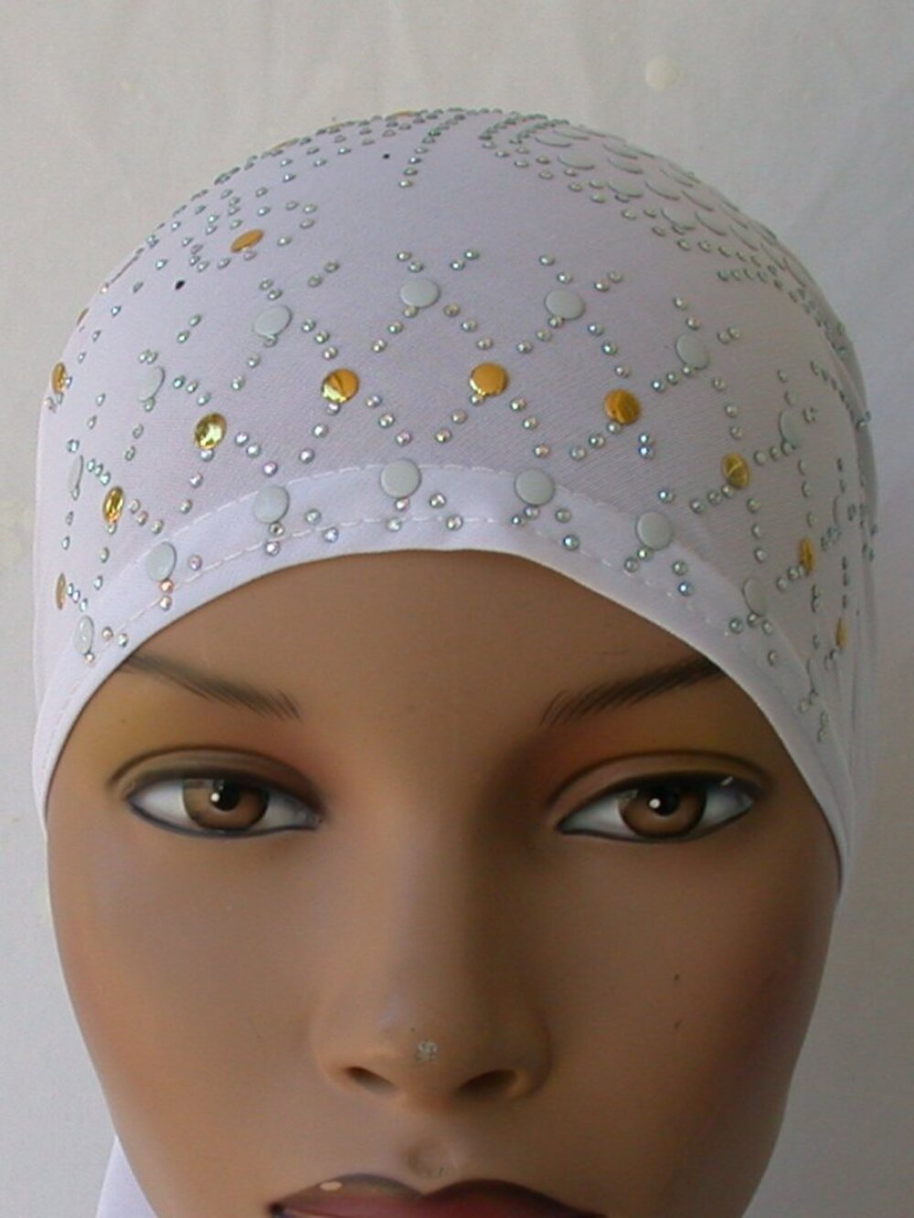 WHITE Fancy Girl Stud Chemo Cap Slip On Bonnet Hijab Undercap #3